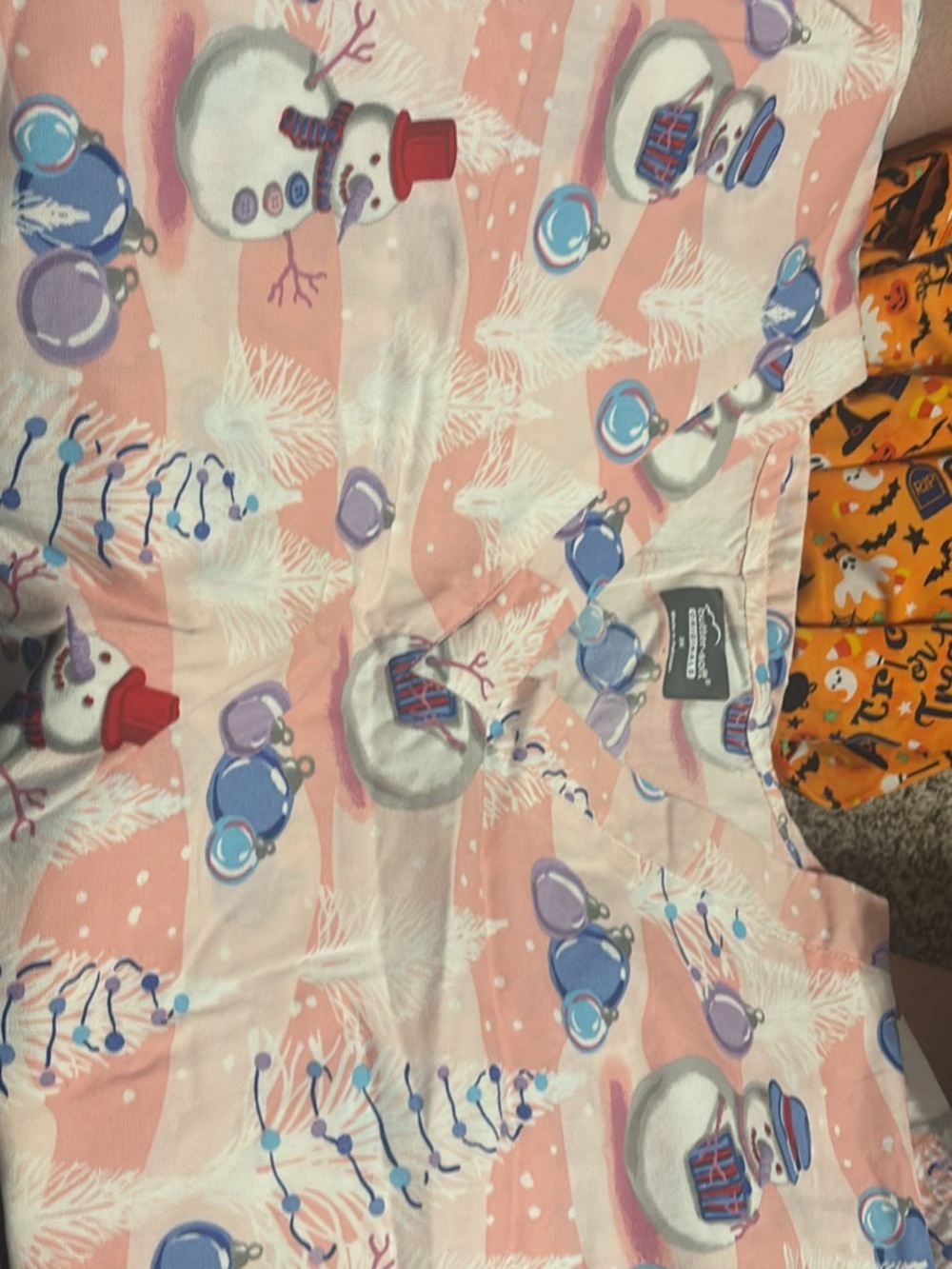 Holiday Snowman Print Tunic Top in Pink and White Scrub top